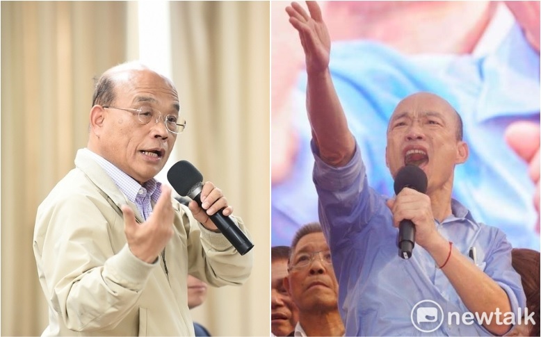韓國瑜（右）今天拿水果刀回嗆蘇貞昌（左）「來抓我啊」。 圖：新頭殼合成照
