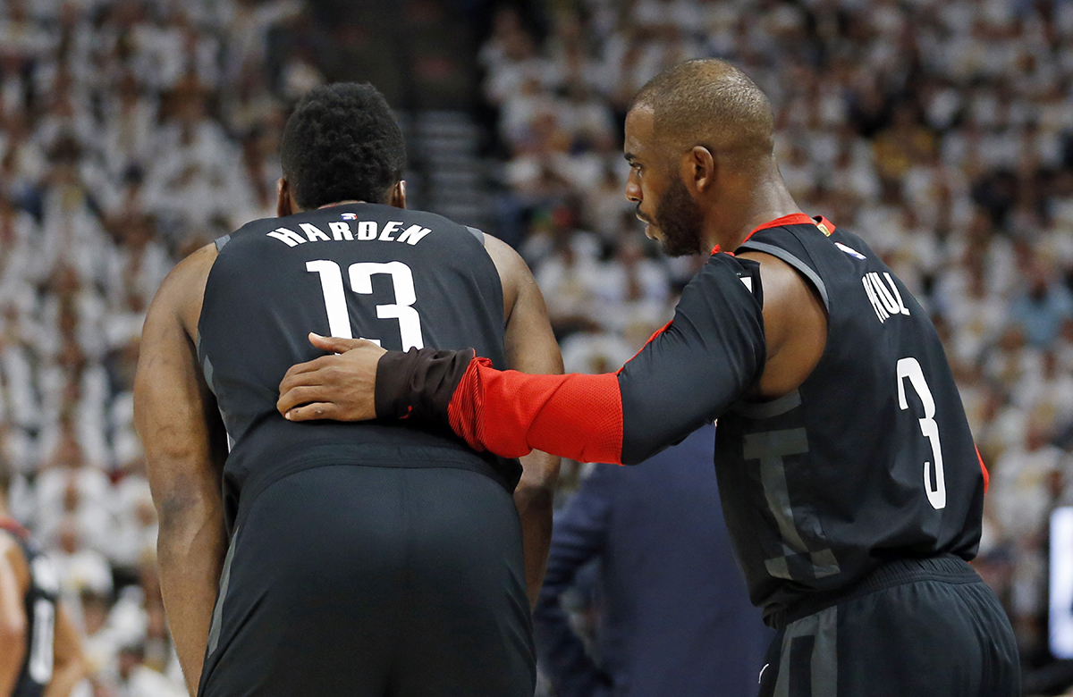 火箭球星Chris Paul和James Harden。 圖／美聯社／達志影像