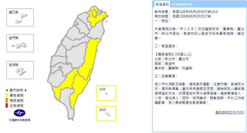 全台5縣市亮黃燈，今高溫恐飆36度，民眾外出慎防中暑。