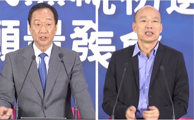 高雄市長韓國瑜（右）開出副手條件「熟稔經貿、不排除國際事務」，學者胡幼偉指出，應是在向前鴻海董事長郭台銘（左）喊話。 圖：取自國民黨臉書（資料照片）