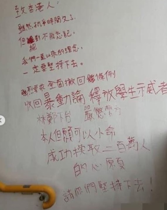 香港教育大學音樂系二年級女生昨日在居住處輕生，而死前在牆壁上留下抗議字句。 圖：翻攝自ig