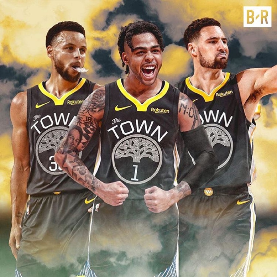 美媒製作勇士新三巨頭合成圖Stephen Curry、D'Angelo Russell和Klay Thompson。 圖／取自bleacherreport Instagram
