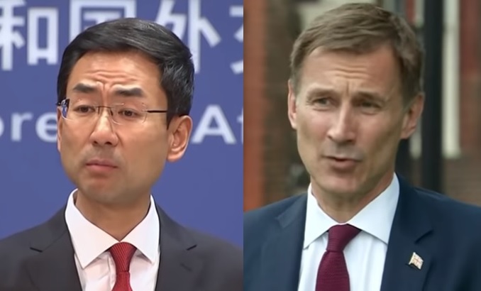 針對國外相韓特（右）關切香港抗爭，敦促北京信守「中英聯合聲明」，中國外交部發言人耿爽（左）今天批評英方無權干預。 圖：翻攝Youtube(新頭殼合成)