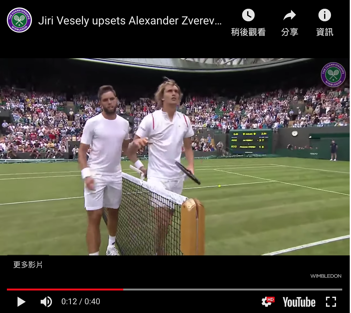 6號種子德國新希望Alexander Zverev(右)在苦戰4盤後，不敵世界排名124的Jiri Vesely(左) 圖／翻攝自YOUTUBE