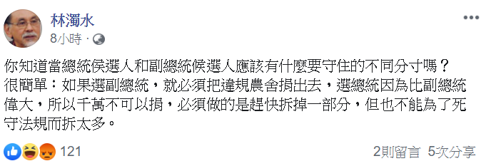 民進黨大佬林濁水在臉書發文諷刺韓國瑜。 圖：翻攝自林濁水臉書