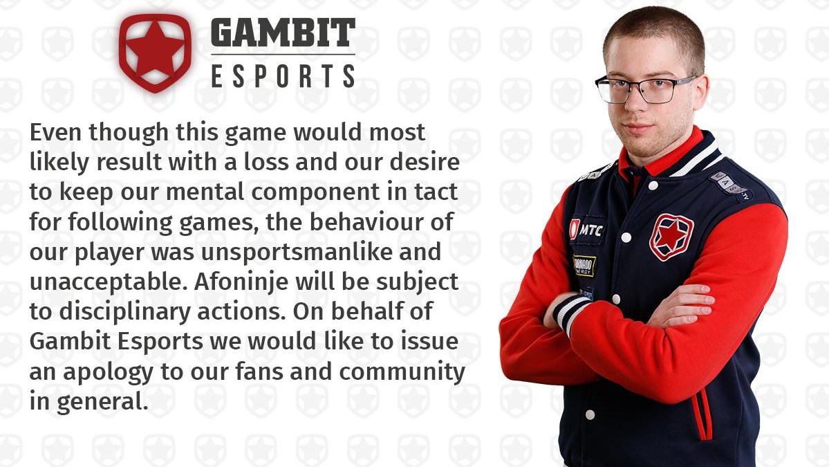Gambit《Dota 2》戰隊成員Afoninje怒跳遊戲，將遭戰隊懲處。 圖：翻攝自推特