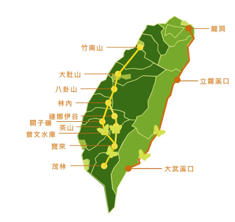 台灣蝶道可分成東部與西部，關子嶺位於西部蝶道的南方。 圖：翻攝自紫蝶生態網