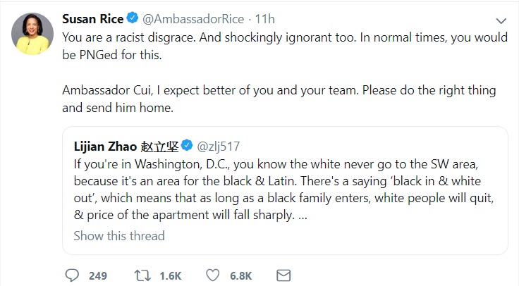 中國外交官趙立堅在推特上拿美國的種族議題做文章，被非裔美國前白宮安全顧問萊斯斥責，並要求他的上司把他調回中國。 圖：翻攝萊斯推特