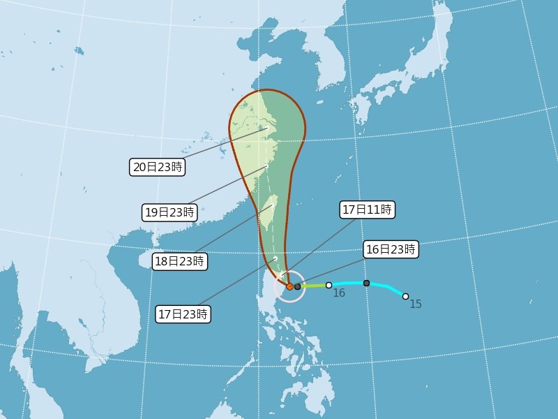 中央氣象局16日晚間11時30分發出輕度颱風丹娜絲海上颱風警報。 圖：翻攝中央氣象局