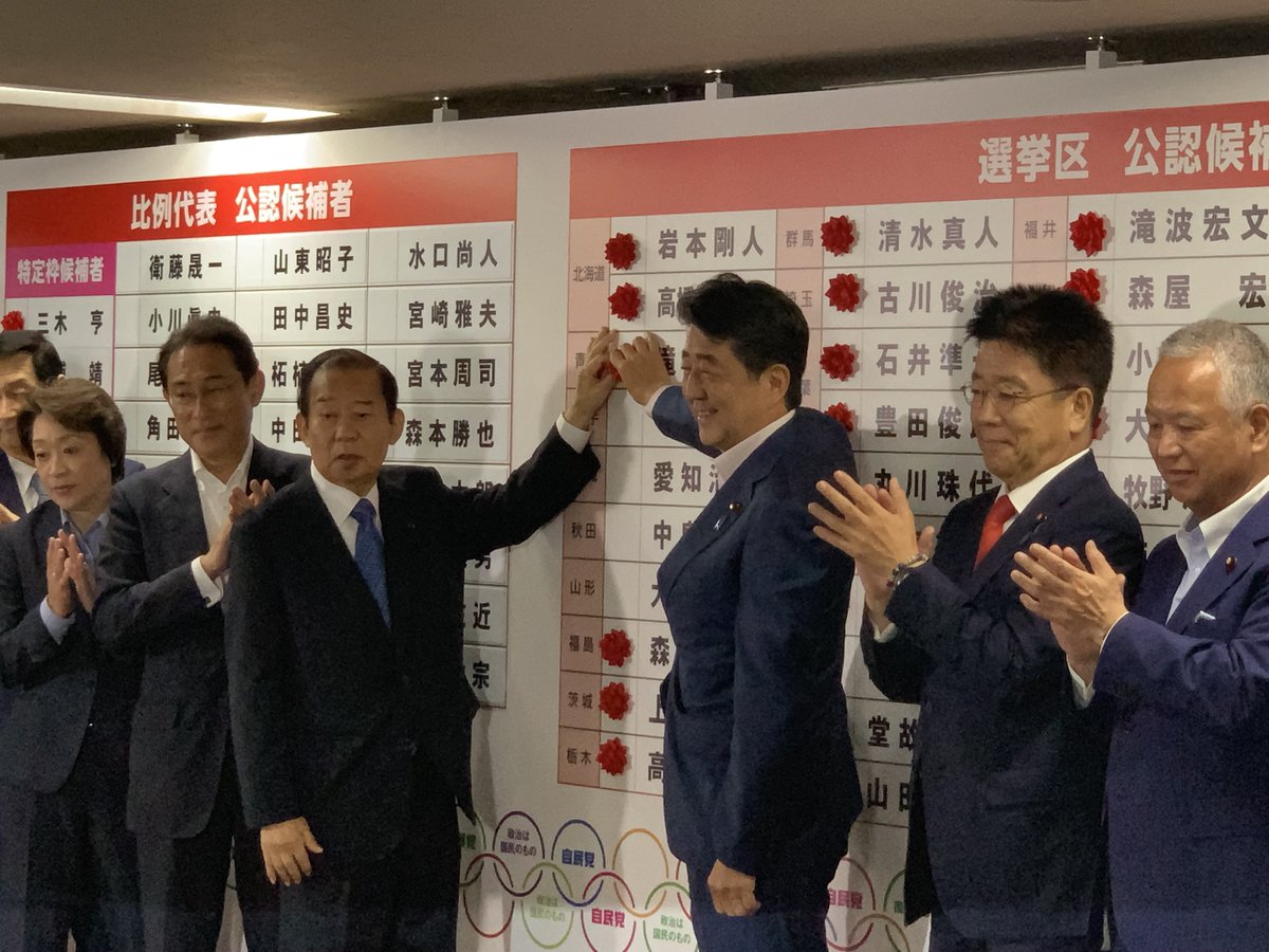 日本首相安倍晉三（右三）領導的執政聯盟，在令和元年的首次國會大選中，保住過半席次。 圖：翻攝自日本自民黨廣報推特