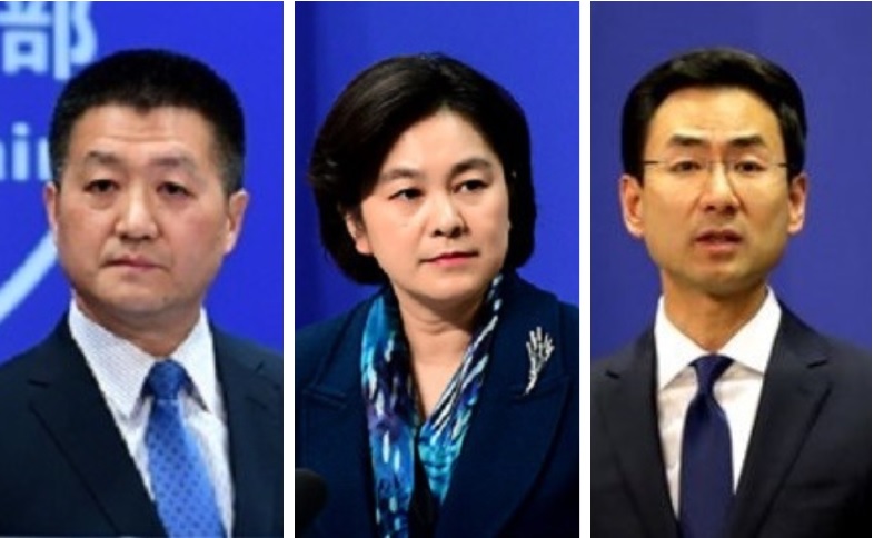中國外交部新聞司改組，原司長陸慷(左)調任，由原副司長華春瑩(中)接任，三名發言人的時代暫時告終。圖右為另一發言人耿爽。 圖：翻攝中國外交部