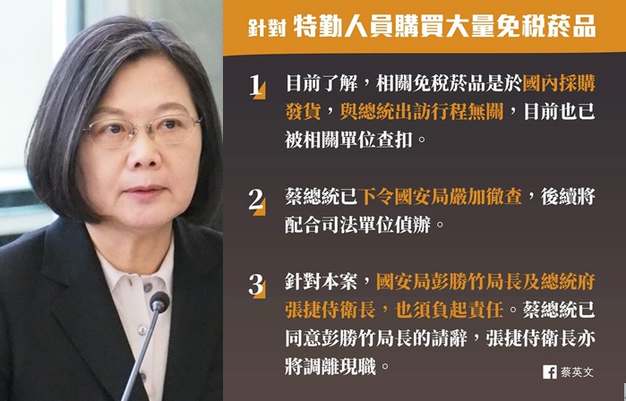 總統蔡英文今（22）晚對特勤人員購買免稅菸品發表3點聲明。 圖：翻攝蔡英文臉書(新頭殼合成)