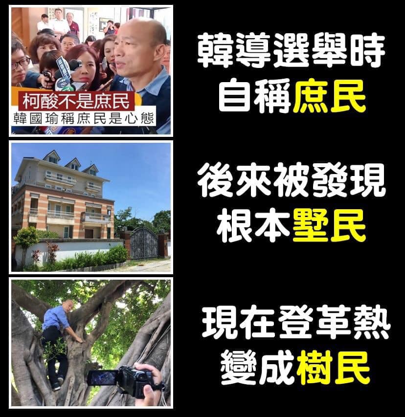 韓國瑜爬樹迷因。 圖：翻攝自打馬悍將粉絲團