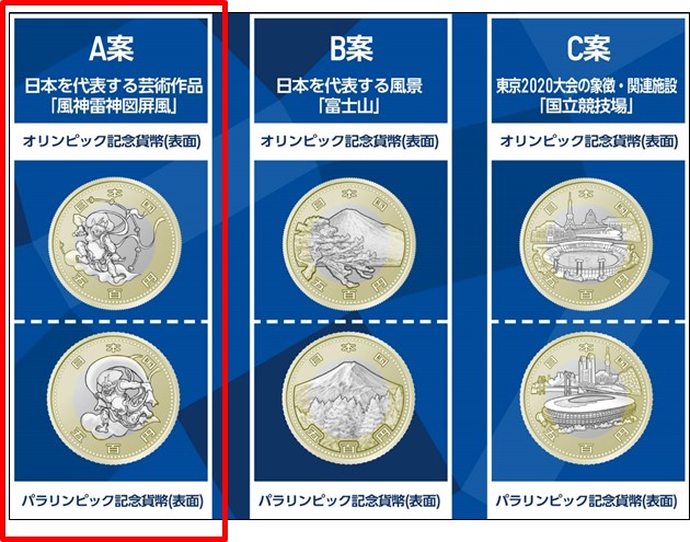 另外兩件候選作品，分別是在舊國立競技場及新國立競技場外觀搭配東京風景的設計（右），得到2萬1000多票，及從靜岡縣及山梨縣眺望富士山的設計（中），得到1萬6400多票。 圖：取自twitter.com/MOF_Japan