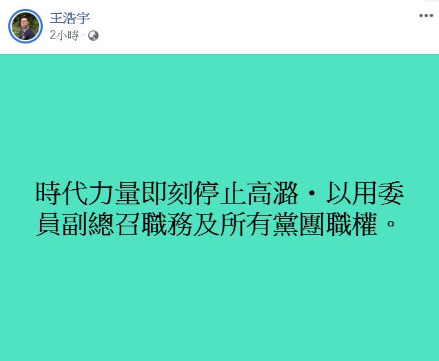 綠黨桃園市議員王浩宇希望時代力量能出面說明，即刻停止高潞‧以用黨團職權。 圖：翻攝王浩宇臉書