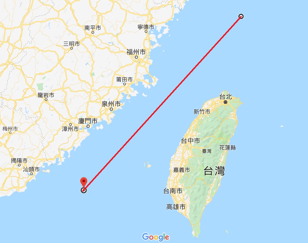 國防部公布國軍對「台海中線」的定義，指坐標為「北緯27度、東經122度，北緯23度、東經118度」。 圖：翻攝Google Map/新頭殼繪製