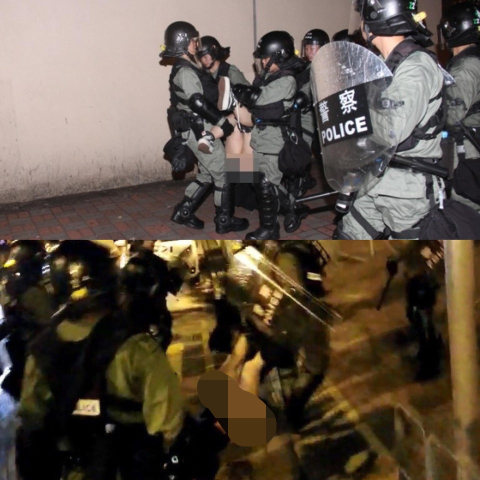 天水圍警署有多名警力合力抬走一位女性示威者，該示威者的長裙、底褲被扯掉，引發眾生撻伐，港警甚至辯稱是當事人「掙扎太激烈」，才被扯掉裙子。 圖：翻攝自reddit@u/thanosbutt