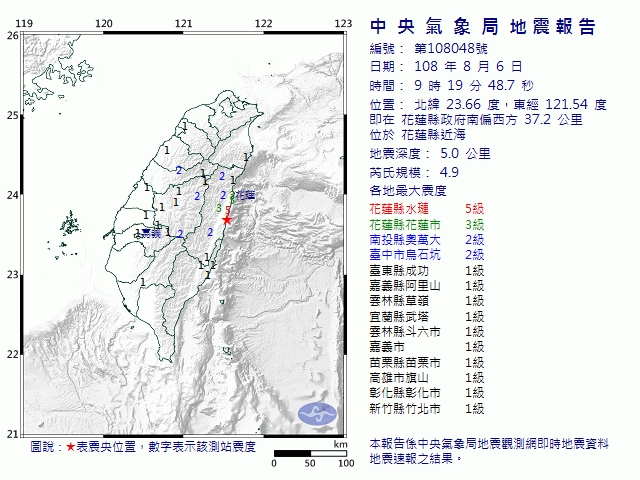 花蓮今日早上連續兩次顯著有感地震。 圖：氣象局／提供