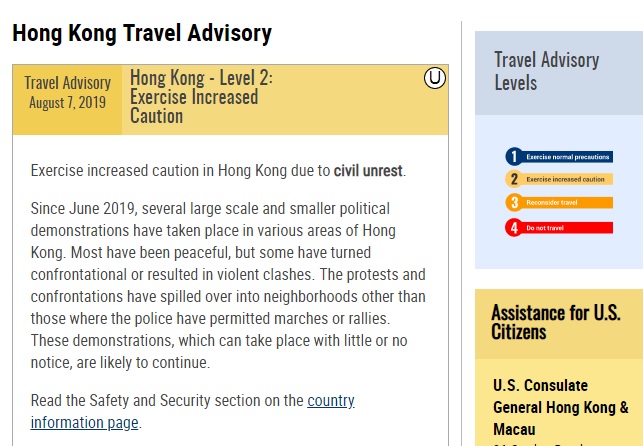 美國國務院網站調高赴香港旅遊警示，籲公民避開群眾示威地點。 圖：翻攝自美國國務院網站