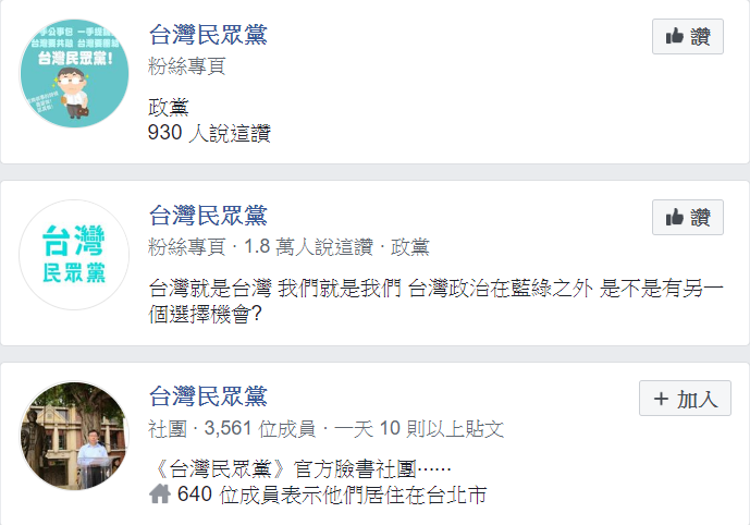 臉書搜尋所得以「台灣民眾黨」為名或相關的粉絲專頁。 圖：翻攝臉書
