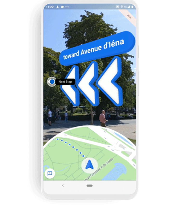 Google新推出AR實境導航，凡有支援軟體ARCore和ARKit的Android及iOS手機裝置都可使用。 圖：翻攝自Google官方部落格