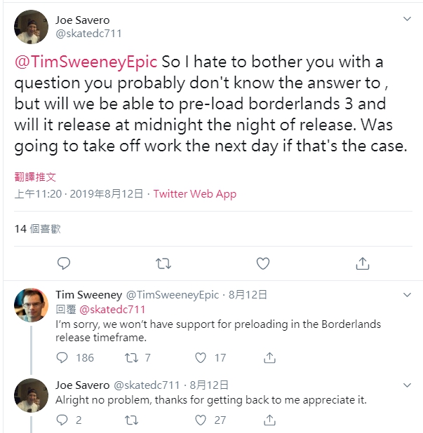 Epci Games的首席執行官Tim Sweeney表示，Epic並不支援預先下載服務，引發網友撻伐。 圖：翻攝自 推特