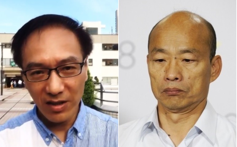 日前高雄市長韓國瑜（右）至桃園進行參香之旅，遭一名旅日中國人（左）比「倒讚」嗆聲。 圖：新頭殼合成