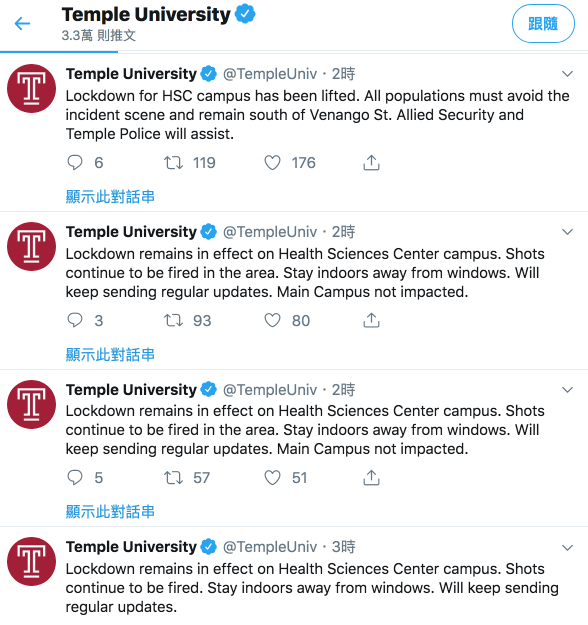 費城譚普大學（Temple University）在推特上表示，已經封鎖衛生科學中心校區（Health Sciences Center Campus）。 圖：翻攝自Temple University@twitter