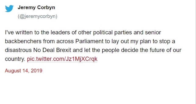 阻政府無協議脫歐 英國工黨邀反對派聯手拉下首相強生