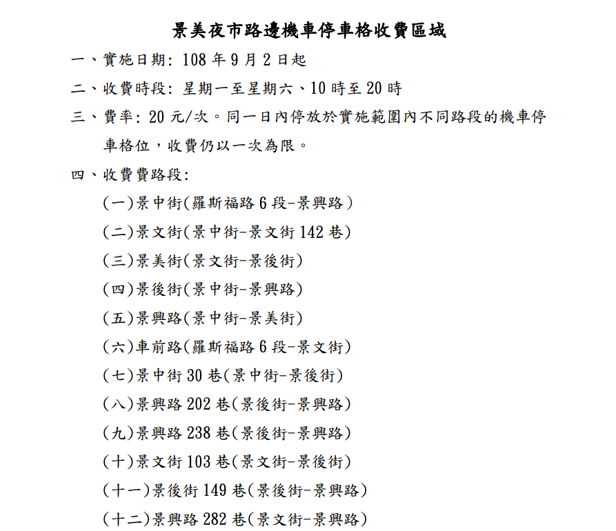 景美夜市路邊停車格收費區域 圖：台北市停管處/提供