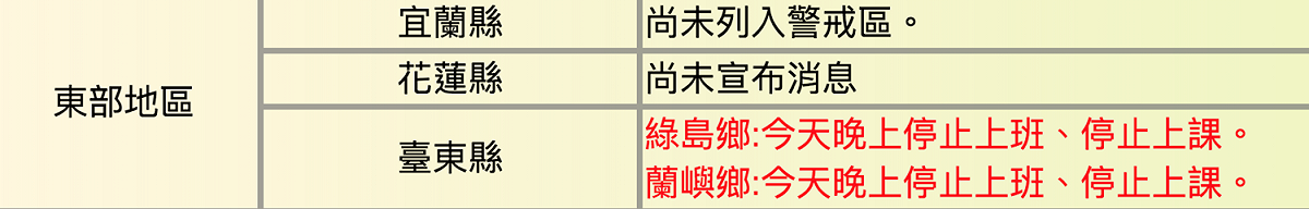 蘭嶼、綠島23日晚上停班停課。 圖：翻攝自行政院人事行政總處官網