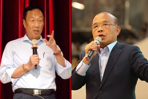 郭台銘昨天發文指，部分政客不應把「反併吞」拿來當作選舉消費；蘇貞昌今天回應，反併吞的精神能延續至今，是因為「中國一直沒有放棄併吞台灣」。 圖：新頭殼合成