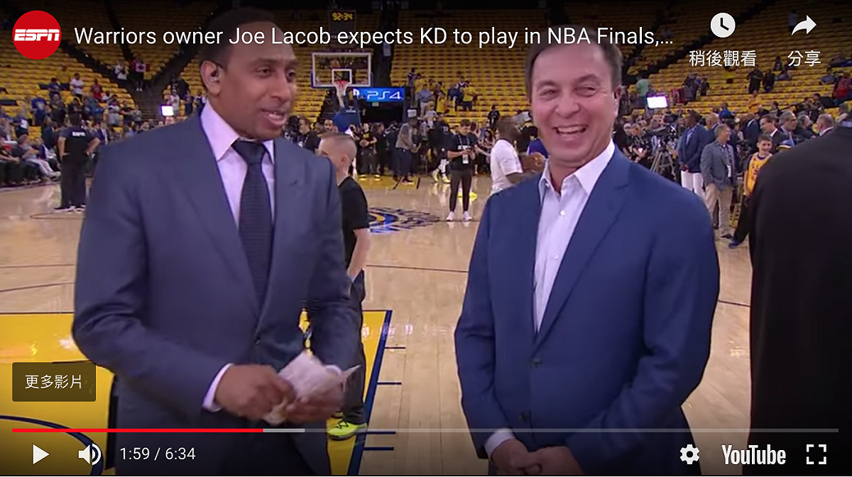 勇士老闆Joe Lacob。（右） 圖／翻攝自YOUTUBE