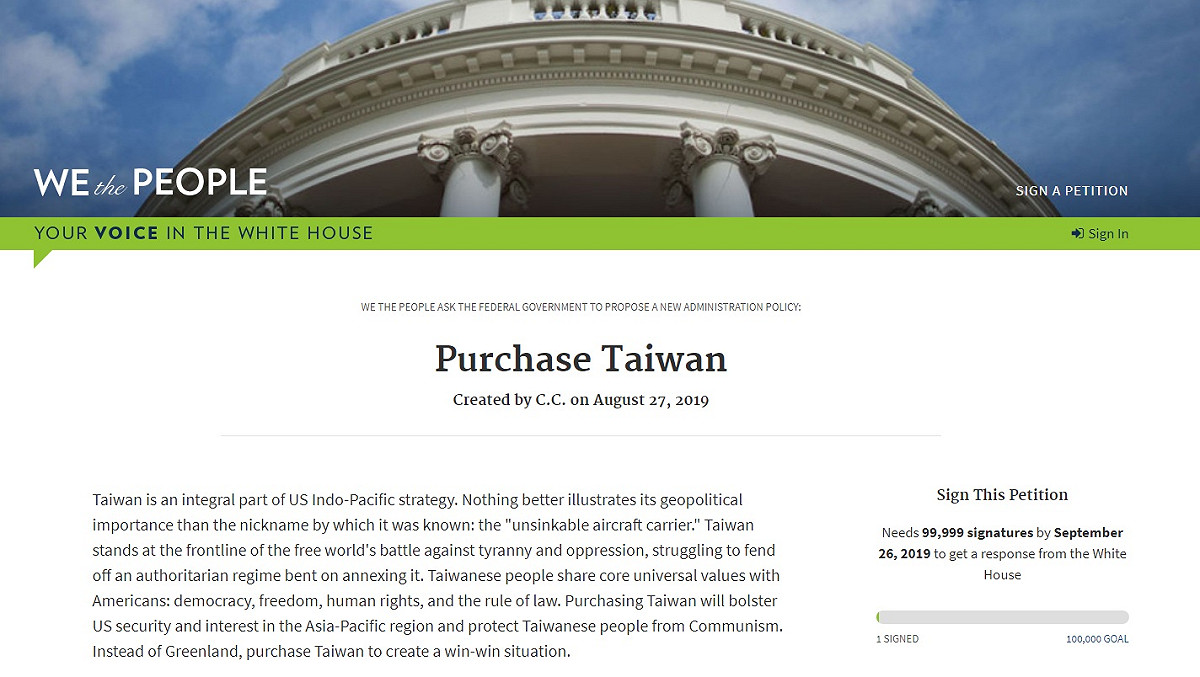 網傳在白宮連署請願網站上，有一篇「Purchase Taiwan(購買台灣)」的連署文。 圖：翻攝petitions.whitehouse.gov/petition/purchase-taiwan網頁