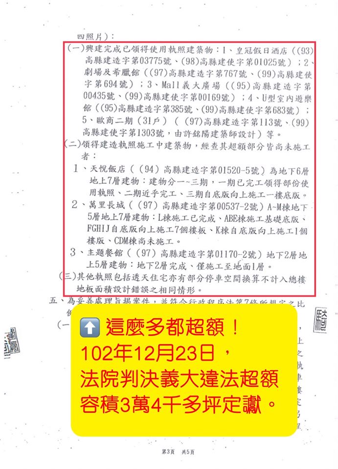陳瓊華出示楊秋興縣長任內，公文認定義大世界超額容積違法。 圖：翻攝自陳瓊華臉書