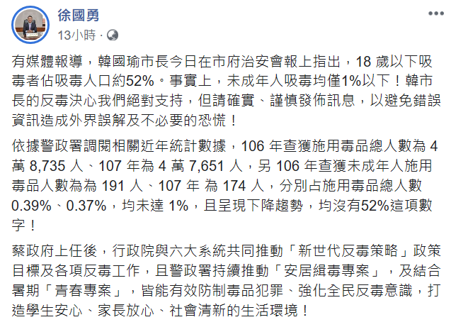 韓國瑜指未成年吸毒人口達52%，徐國勇當晚發文澄清，呼籲韓應確實、謹慎發布訊息。 圖：翻攝自徐國勇臉書