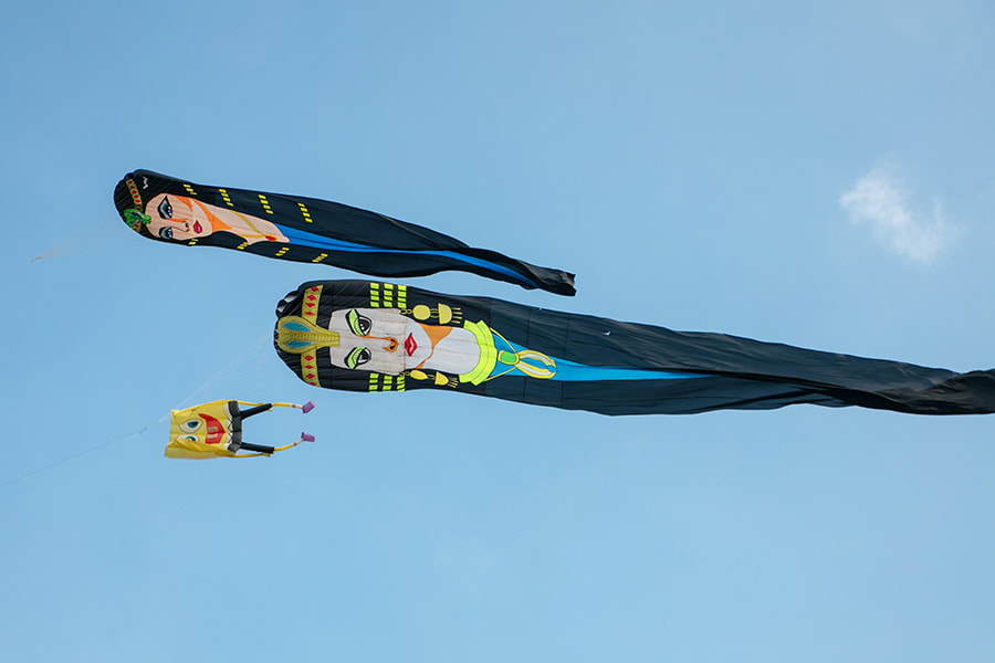 各種造型風箏，埃及豔后、派大星都在北海岸的上空飛揚。 圖：翻攝自新北市北海岸國際風箏節官網