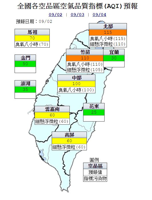 今日北部及竹苗空品區為「橘色提醒」等級。 圖：翻攝自環保署空氣品質網