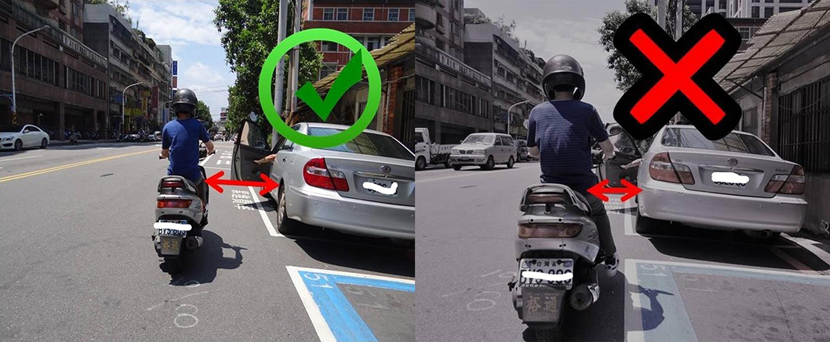 新北市政府交通裁決處提醒，為預防汽車車門突然開啟，騎乘機車時應與路邊車輛或併排車輛保持1公尺以上距離。 圖：新北市政府交通事件裁決處／提供