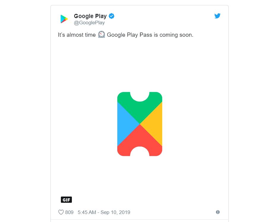 Google日前在官方Twitter上公開宣布，將推出遊戲訂閱服務「Play Pass」。 圖：翻攝自Google官方Twitter