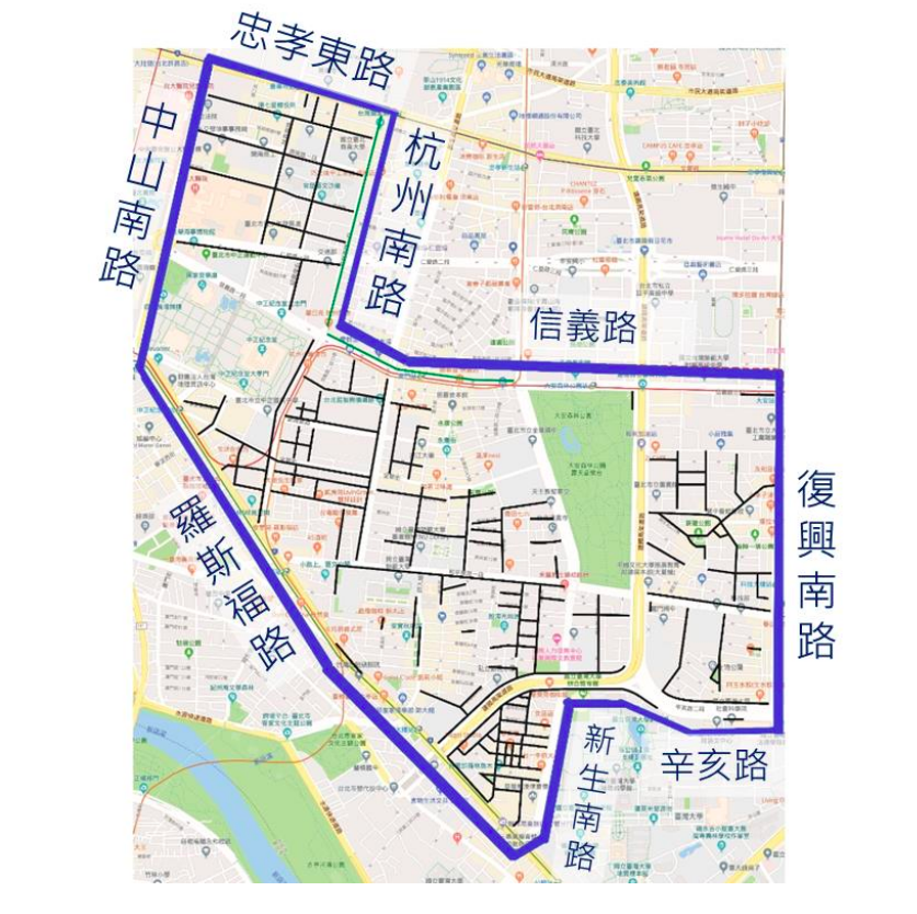 自9月16日起規劃中正區、大安區（約辛亥路以北；忠孝東路及信義路以南；羅斯福路及中山南路以東；杭州南路、復興南路及新生南路以西的範圍）共2,237格收費汽車格位為智慧停車收費區 圖：台北市停管處/提供