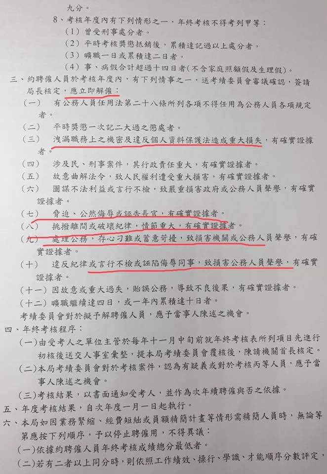 引起爭議的「約聘雇人員考核原則」第三條條文。 圖：翻攝Wecare高雄臉書