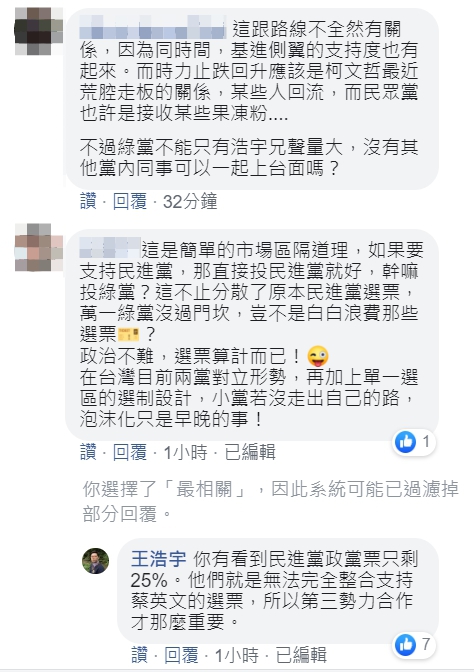 也有網友專業分析時力回升、綠營無法贏過藍營的原因。 圖：翻攝自王浩宇臉書