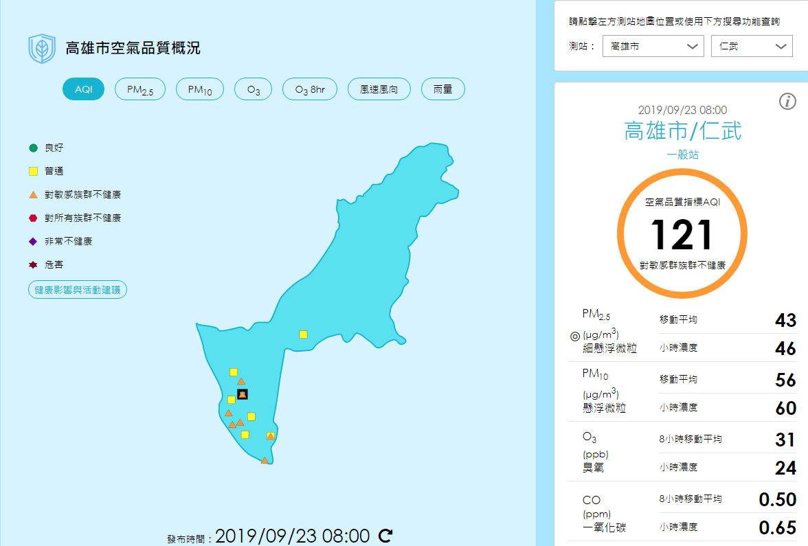 高雄今天7地區空氣品質稍差，敏感族群需多注意。 圖：翻攝自雄愛好空氣臉書