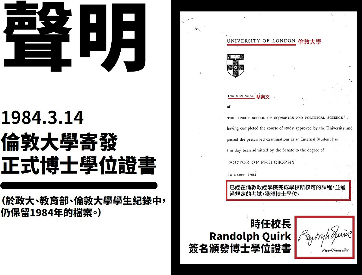 蔡英文1984年版倫敦大學原始畢業證書 圖：總統府/提供