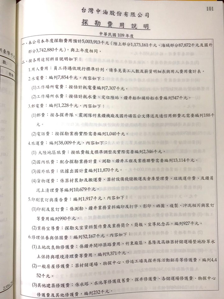 廖國棟附上中油探勘費用說明。 圖：翻攝自廖國棟臉書