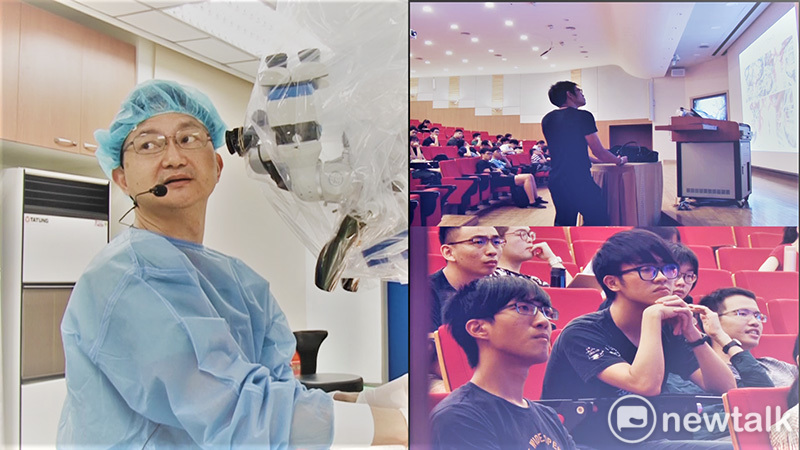 成大醫學院創新教室遠端連線模擬臨床手術進行大體解剖，並透過顯微鏡操作，再運用遠端連線與醫學系學生互動，也是臨床醫師與基礎醫學生少見的上課連結。 圖 : 成大醫學院/提供
