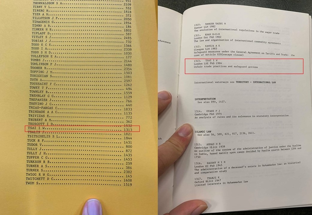 有東大生在東京大學的法學圖書館找到記載有蔡英文博士論文條項的出版品。 圖 :	取自黃若翔臉書