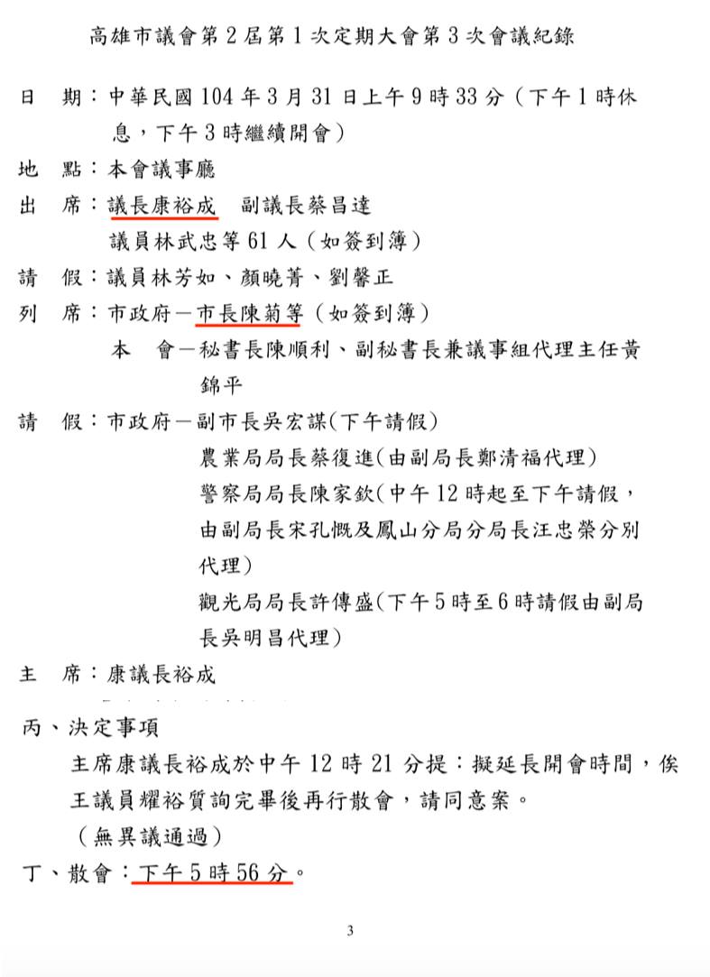 高市青工總會副秘書長李昶志指出，高雄市議會第2屆第1次定期大會第3次會議，104年3月31日，上午9時33分開會，下午5時56分散會。 圖：翻攝自李昶志臉書