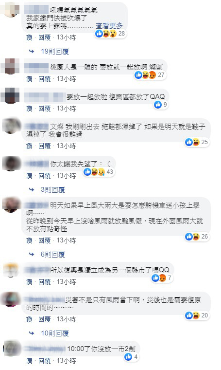 網友在鄭文燦臉書留言，批評市府不應只放復興區颱風假，應該一視同仁，而非「１市２制」。 圖：翻攝鄭文燦臉書
